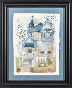 Framed Victorian House Mixed Media Artwork, Signed Ink & Watercolor