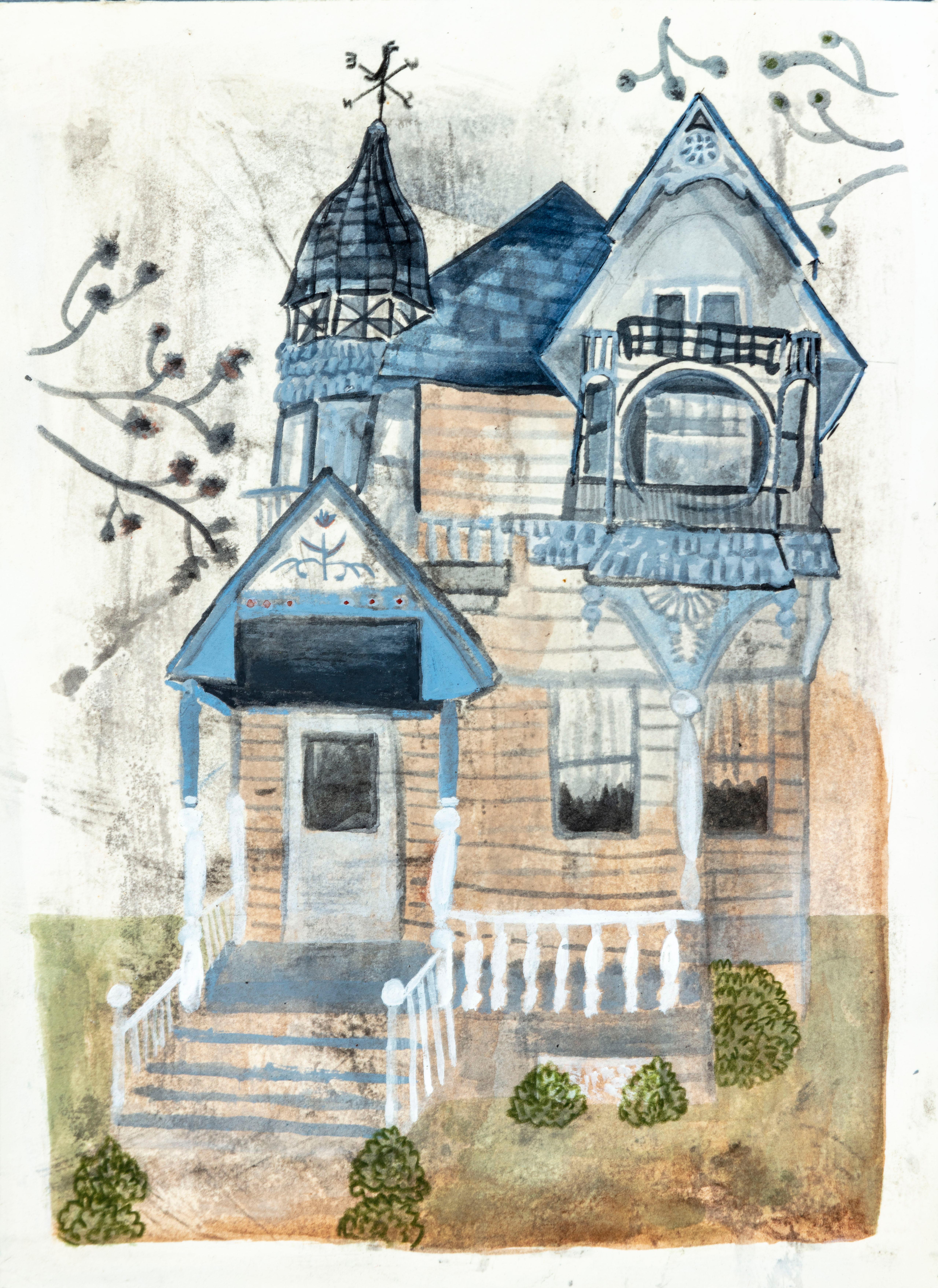 Framed Victorian House Mixed Media Artwork, Signed Ink & Watercolor