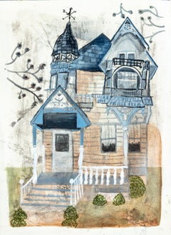 Framed Victorian House Mixed Media Artwork, Signed Ink & Watercolor