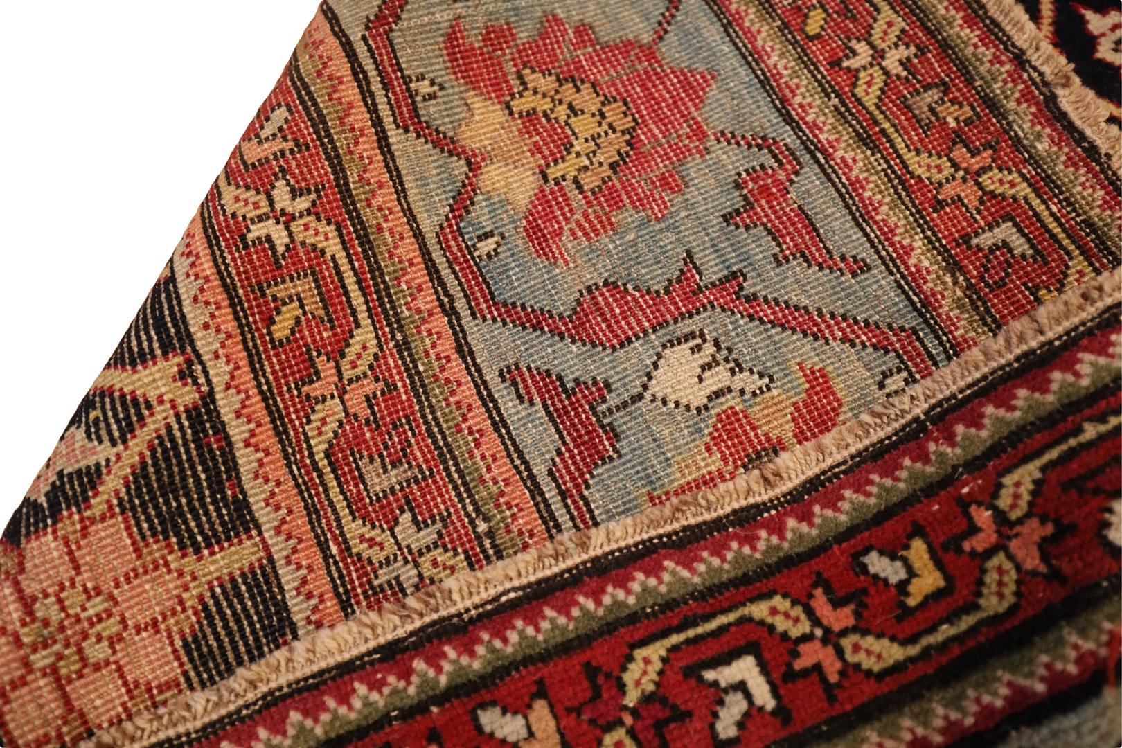 Wool Karabagh Antique Gallery-Size Rug, Black Red Light-Blue - 8 x 21 For Sale