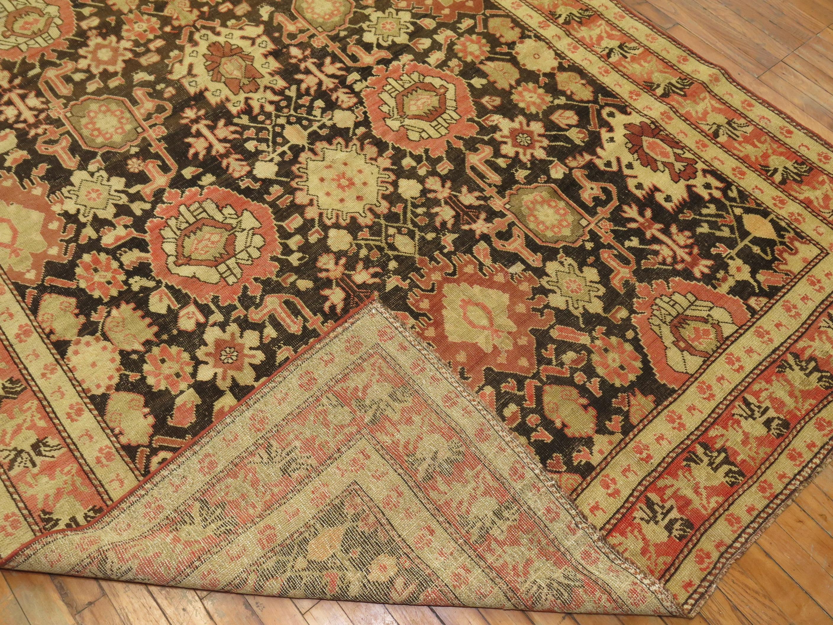 Hand-Knotted Brown Field Karabagh Corridor Gallery Size Rug For Sale