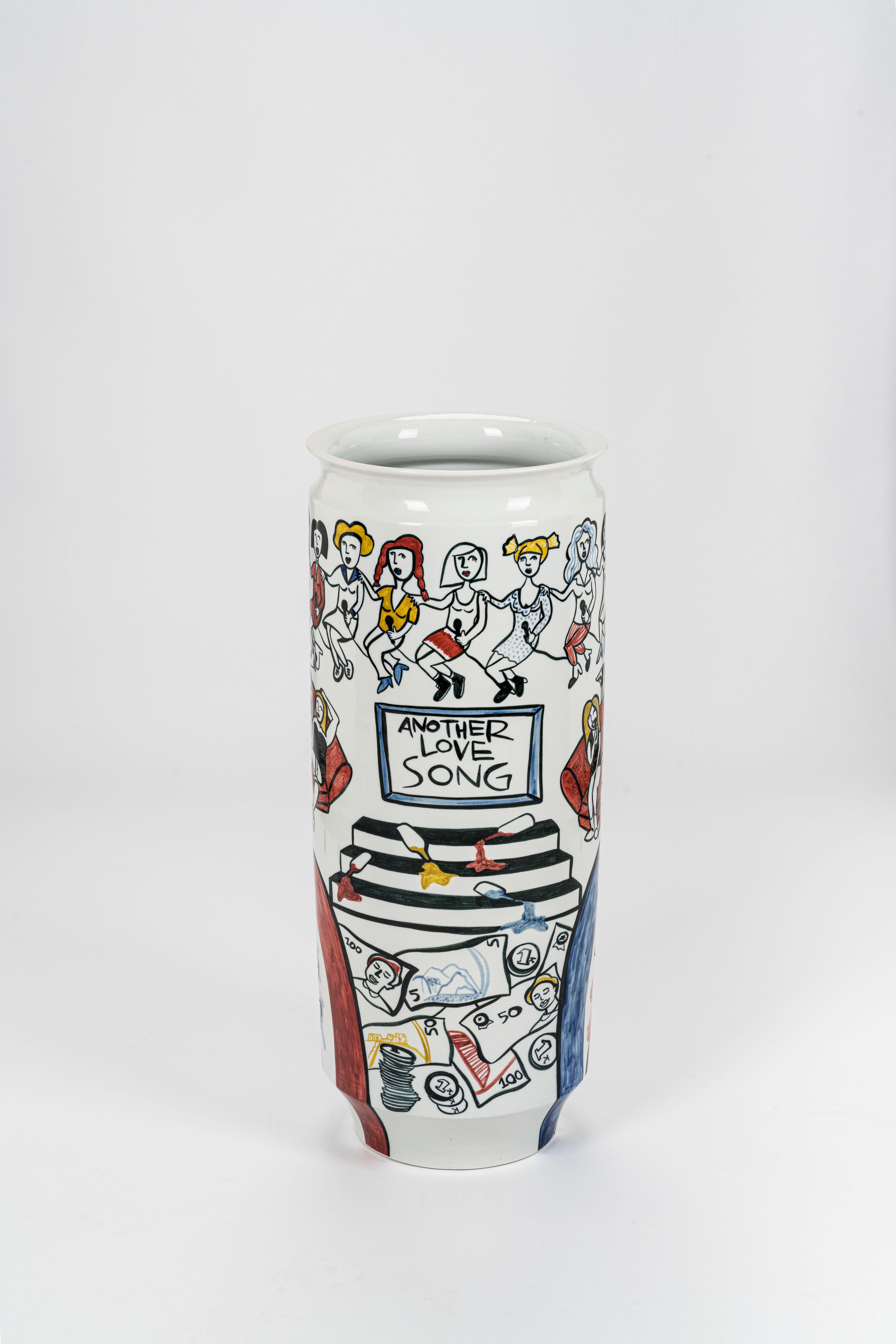 Luce Raggi, Karaoke (another love song), 2017 glazed porcelain 70 x 25 cm 
Hand painted vase with typical female evening scenes of karaoke mania. Women who forget their sentimental dramas by abandoning their heels and their repetitive everyday life