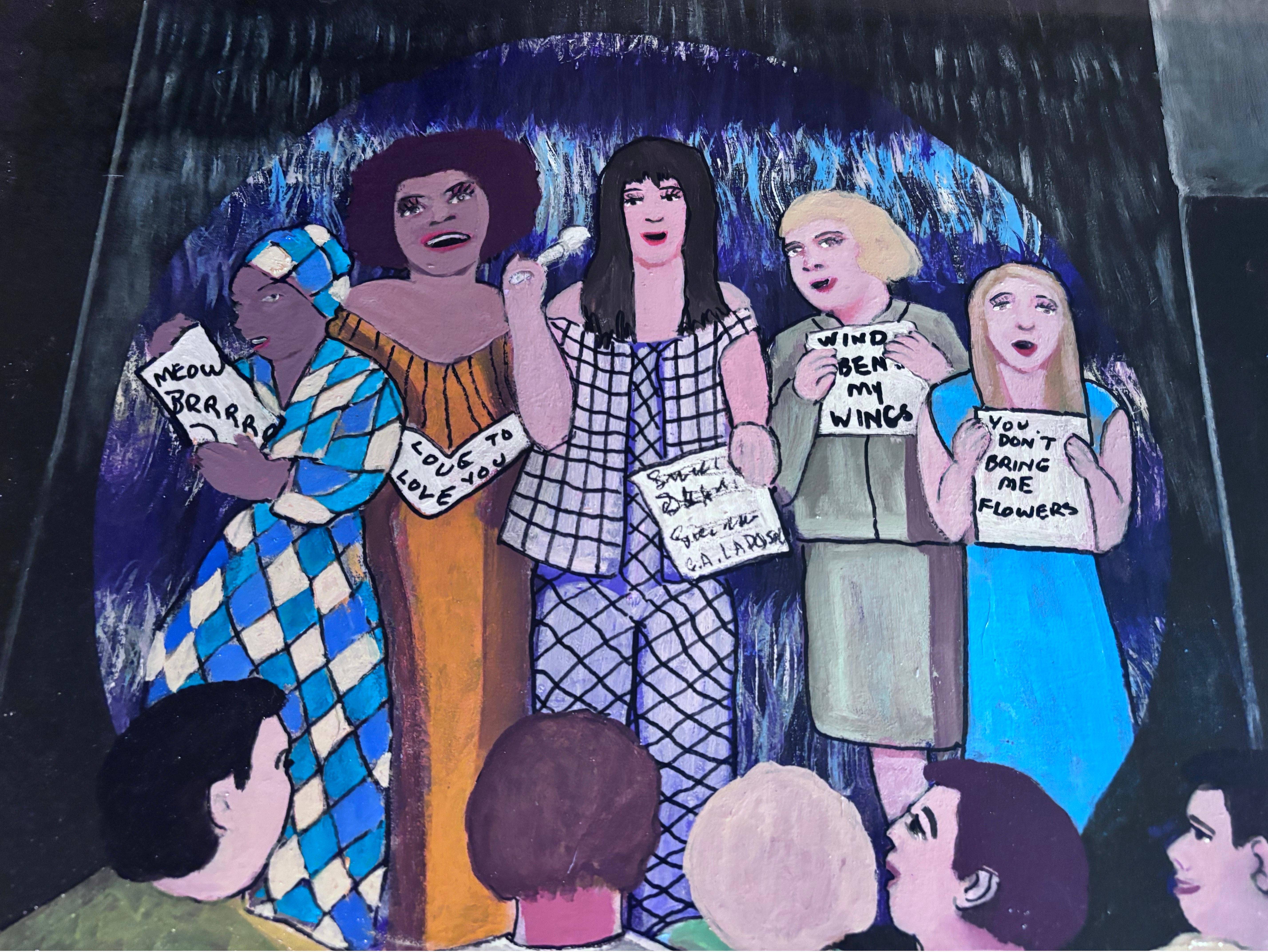 American Karaoke Sister Singers  Unique Painting Self Taught Folk Artist Gloria Laposka For Sale