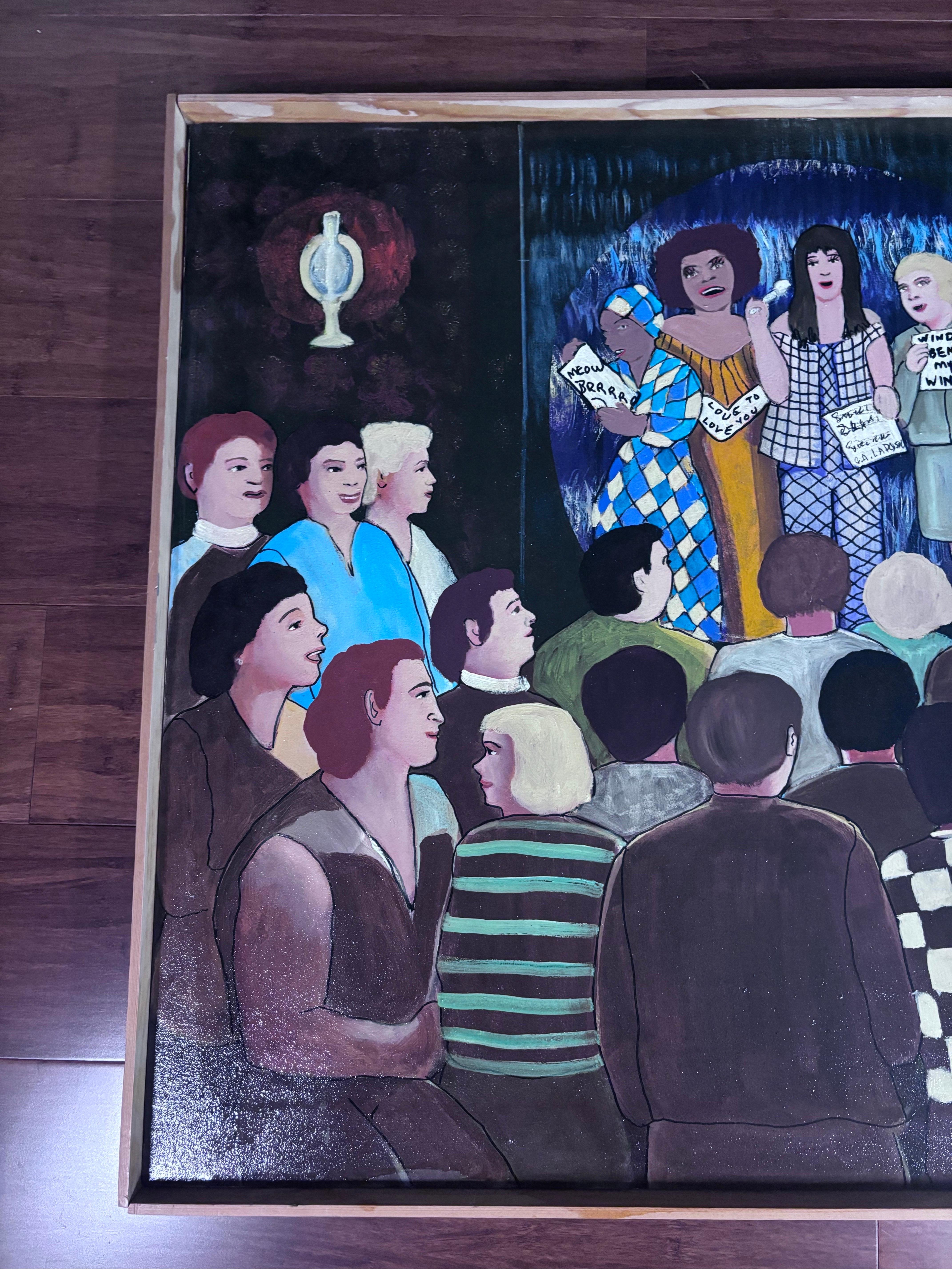 Hand-Painted Karaoke Sister Singers  Unique Painting Self Taught Folk Artist Gloria Laposka For Sale