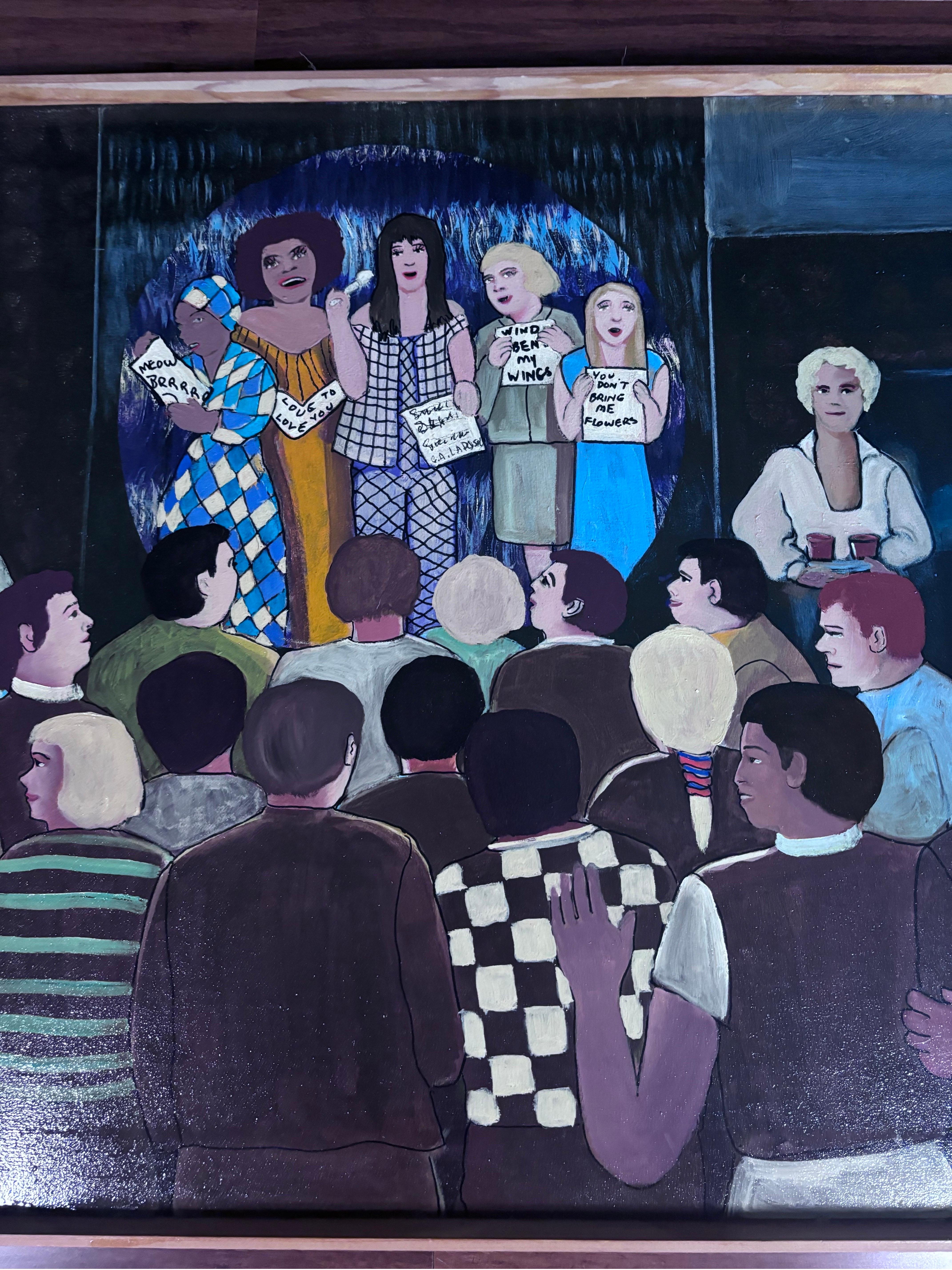 Karaoke Sister Singers  Unique Painting Self Taught Folk Artist Gloria Laposka In Good Condition For Sale In South Burlington, VT