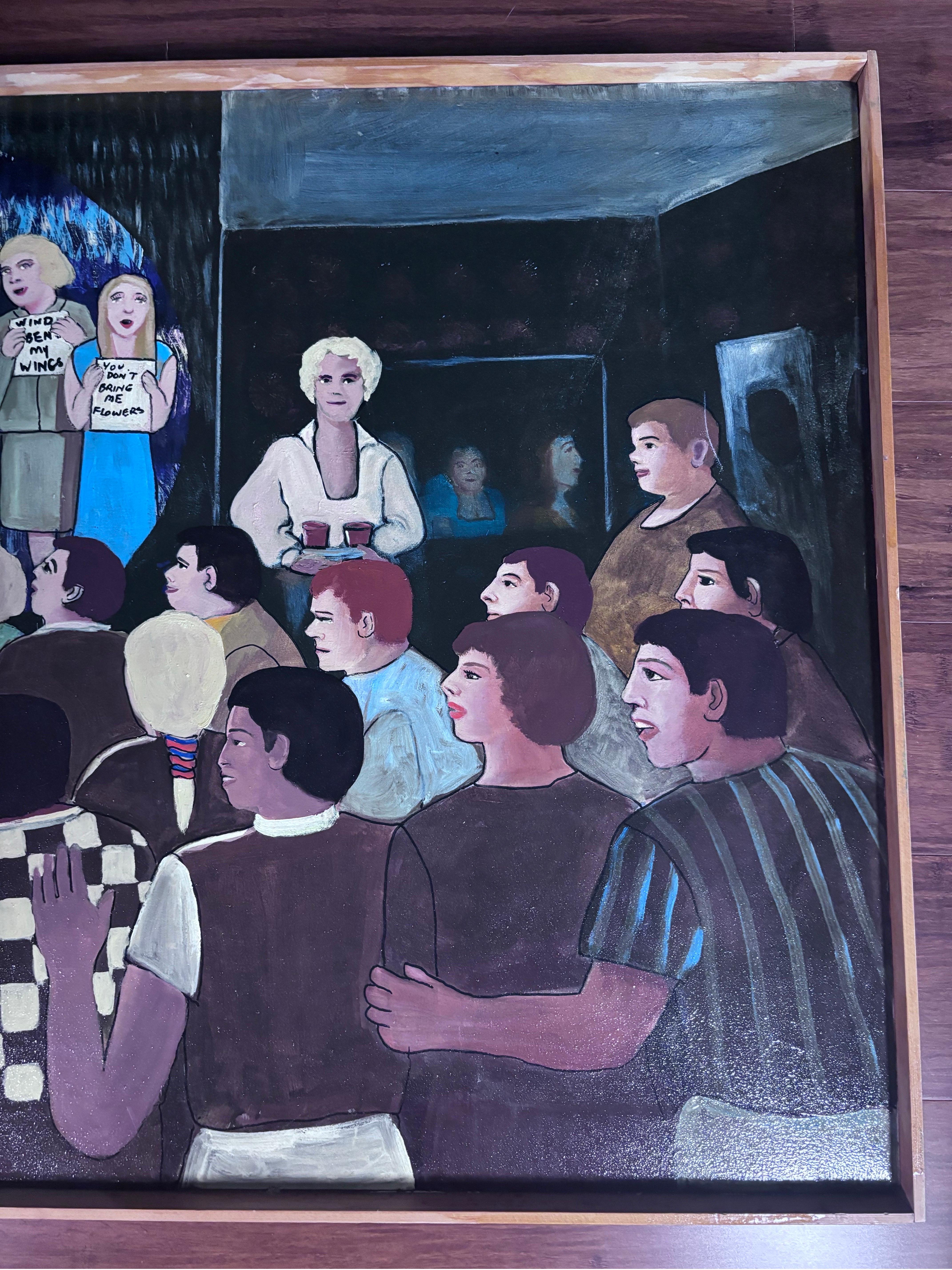 20th Century Karaoke Sister Singers  Unique Painting Self Taught Folk Artist Gloria Laposka For Sale