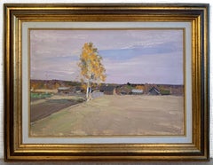 Fall Landscape Vintage Oil Painting Framed Sunset Sky Original Art by Karasev I.