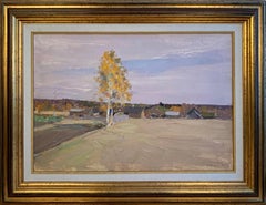 Fall Landscape Vintage Oil Painting Framed Sunset Sky Original Art by Karasev I.