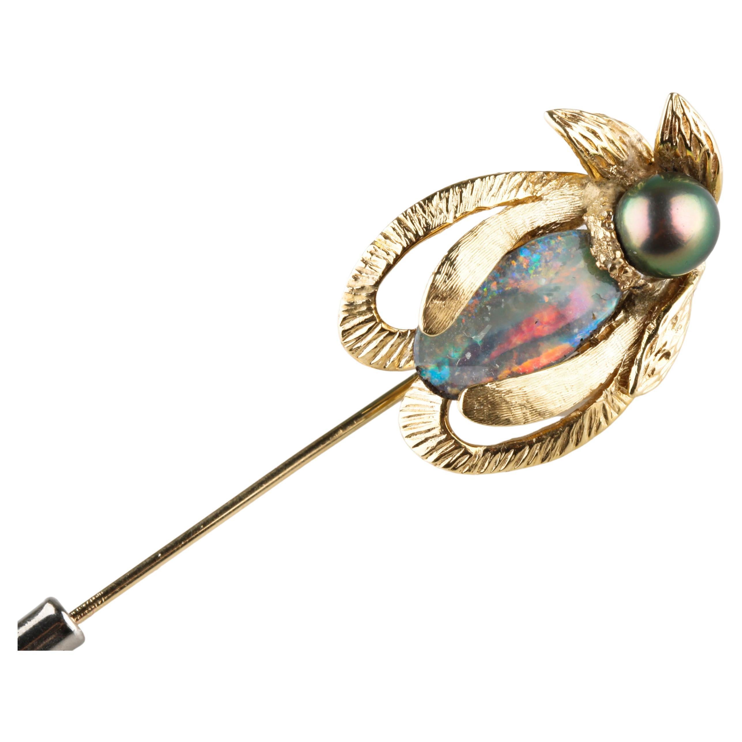 Karbra 14k Yellow Gold Tahitian Pearl and 4 Carat Opal Beetle Stick Pin