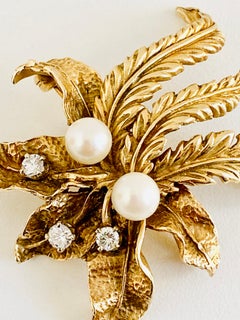 Karbra 1963 14K Yellow Gold Diamond Cultured Pearl Flower Brooch