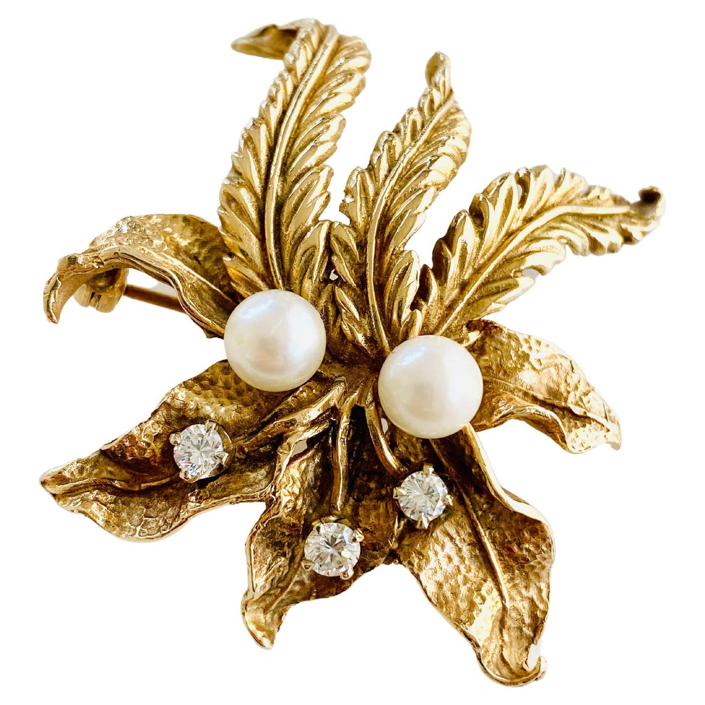 Karbra 1963 14K Yellow Gold Diamond Cultured Pearl Flower Brooch at
