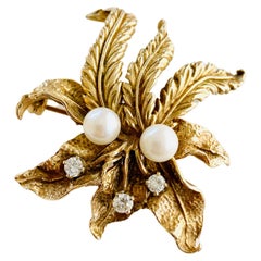 Karbra 1963 14K Yellow Gold Diamond Cultured Pearl Flower Brooch 