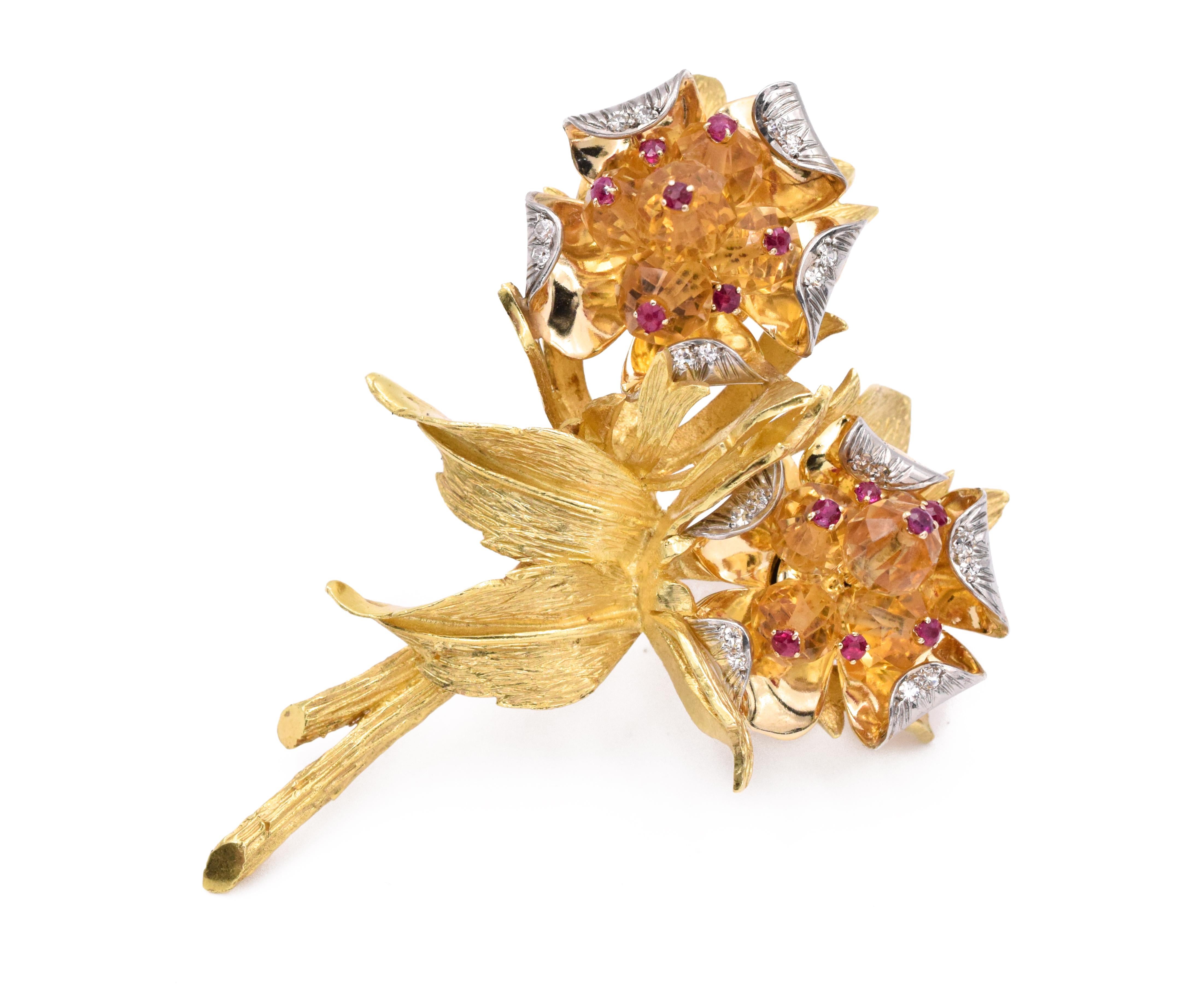 Golden Topaz Brooch by Karbra!
Double flowers with topaz centers encrusted with rubies and diamond petals.
18k Gold
Signed: Karbra