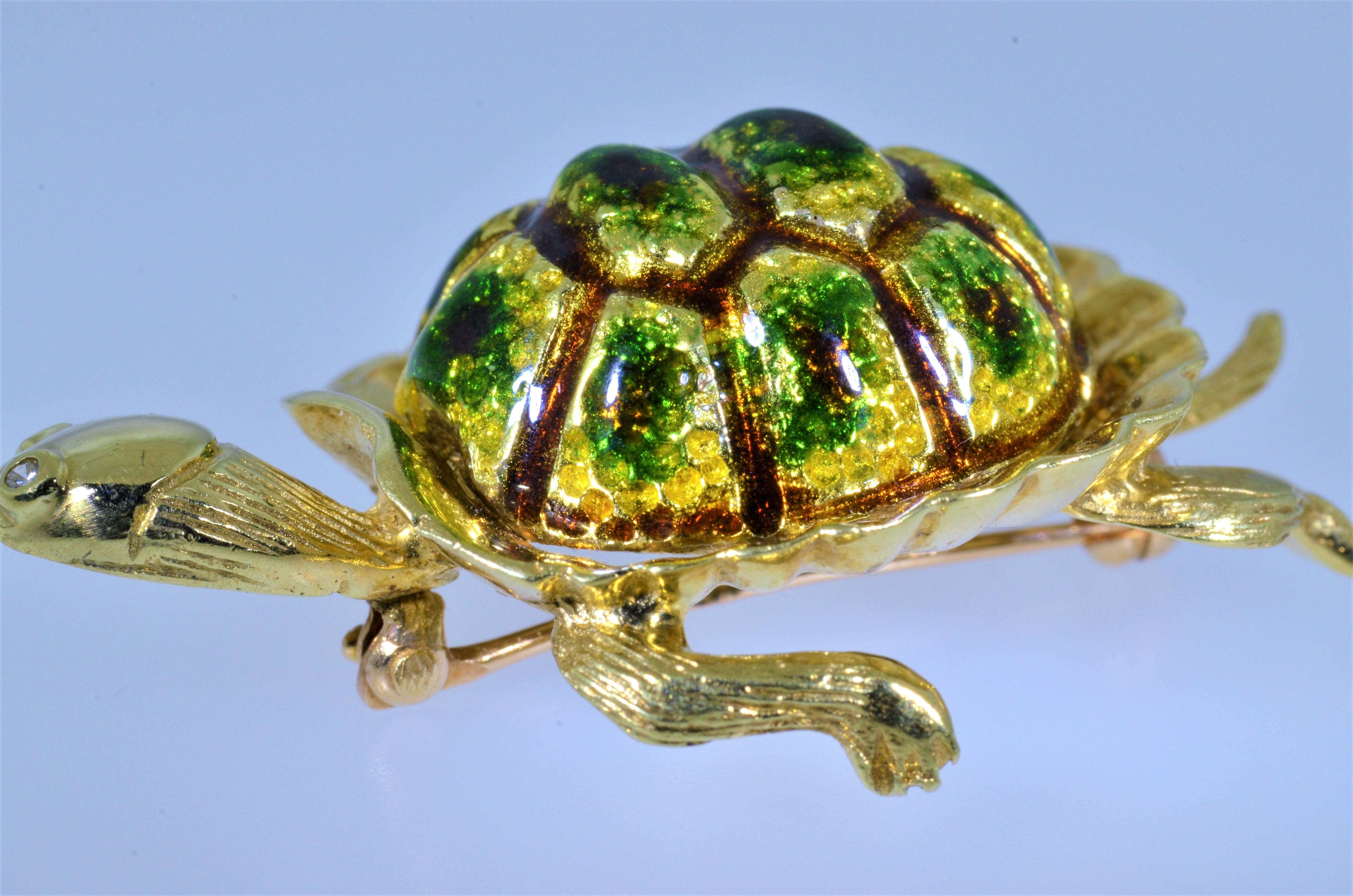 Karbra Turtle Brooch with Enamel  in 14 karat yellow gold.  Enamel is exquisite!   The brooch is also set with round brilliant cut diamonds in the eyes.