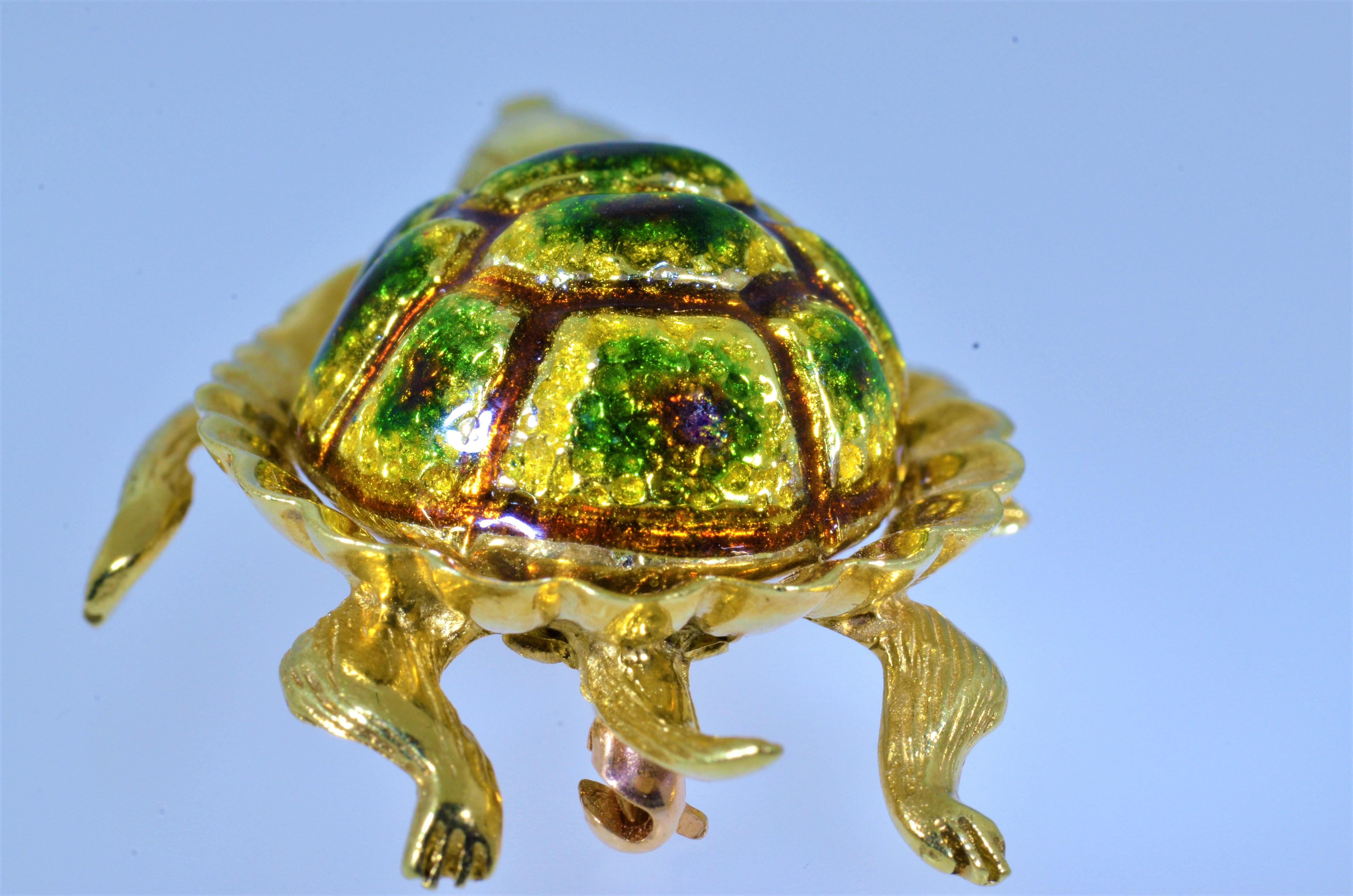 Retro Karbra Turtle Brooch with Enamel and Diamond Eyes For Sale