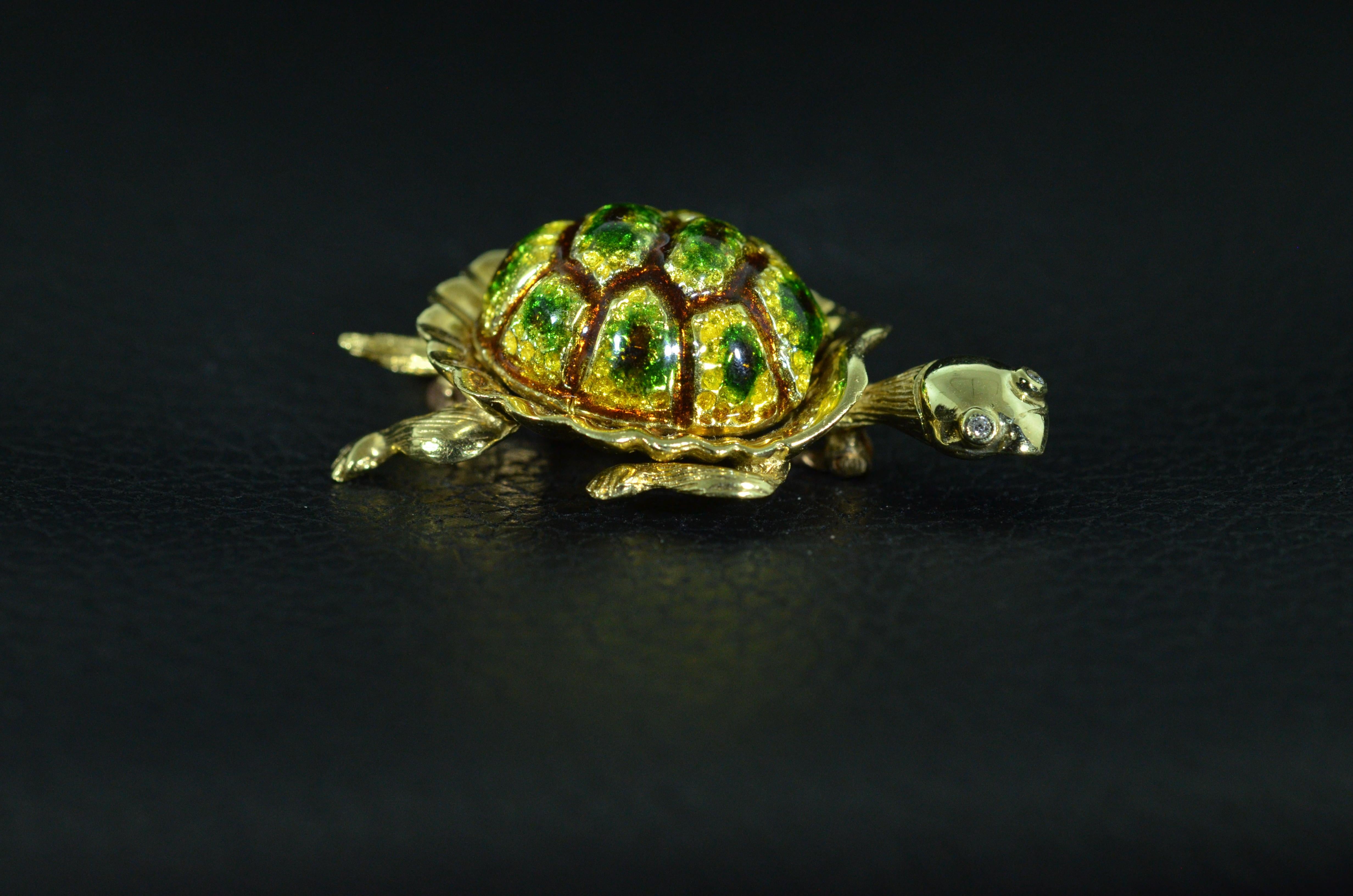 Women's or Men's Karbra Turtle Brooch with Enamel and Diamond Eyes For Sale