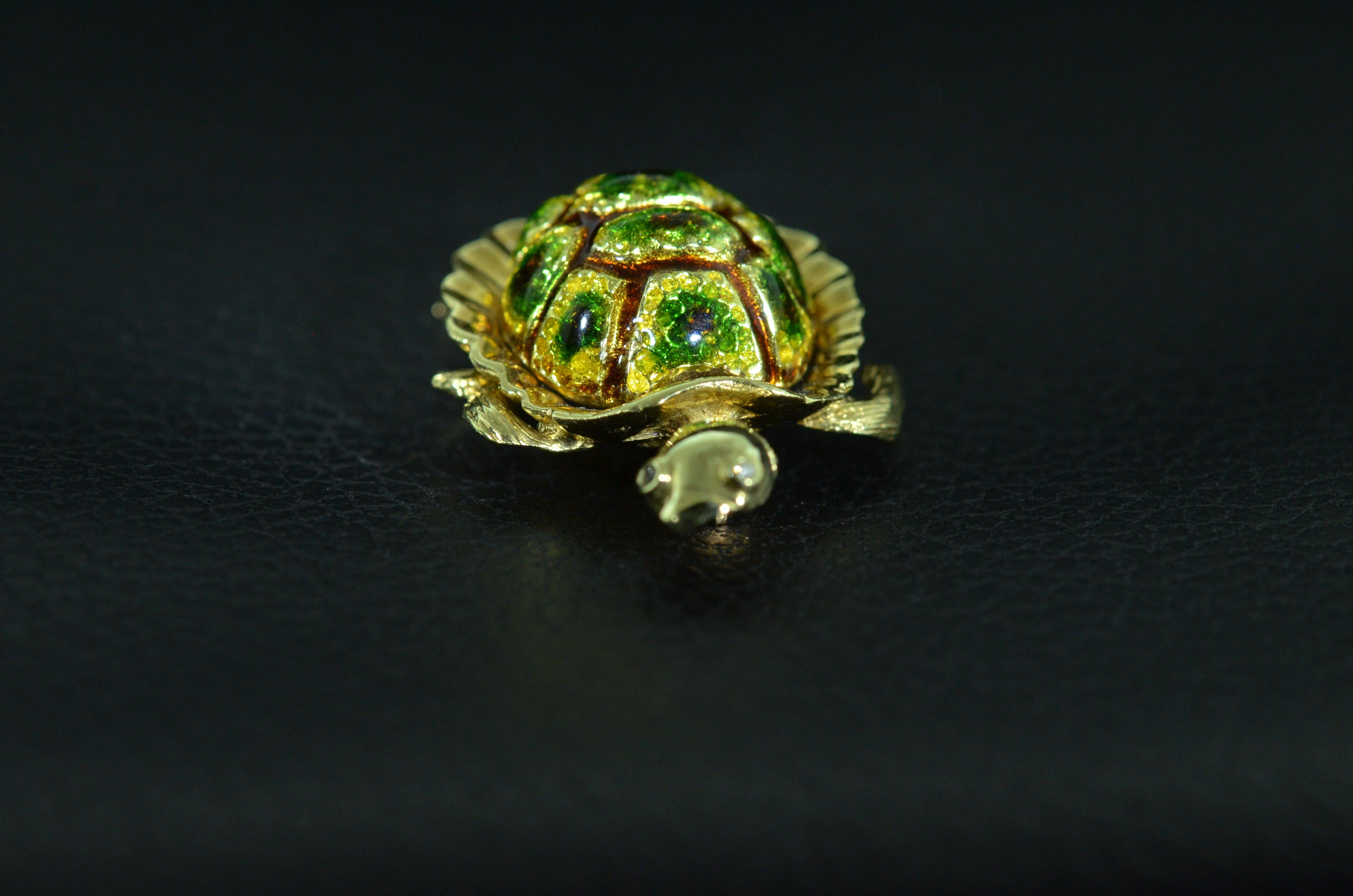 Karbra Turtle Brooch with Enamel and Diamond Eyes For Sale 1
