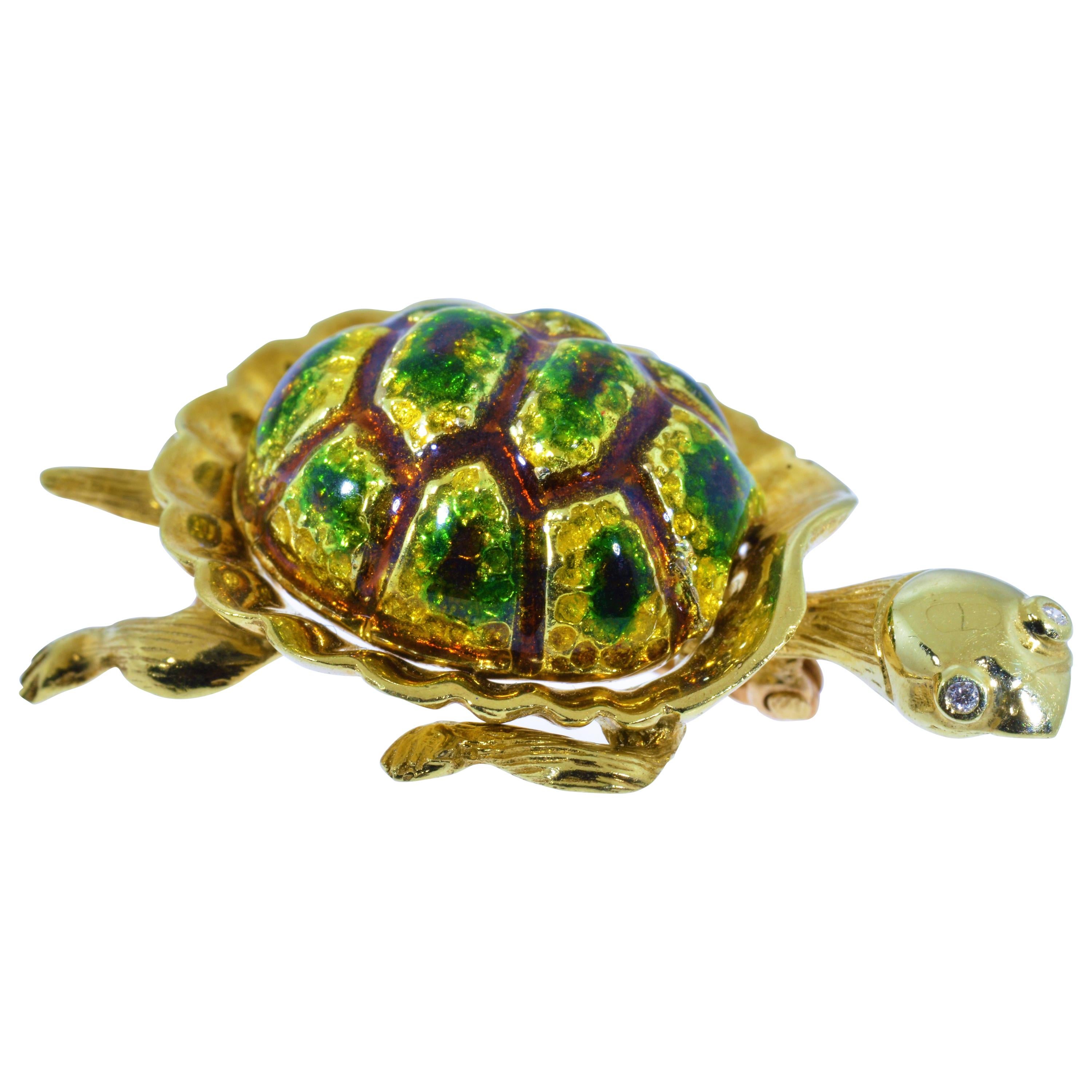 Karbra Turtle Brooch with Enamel and Diamond Eyes For Sale