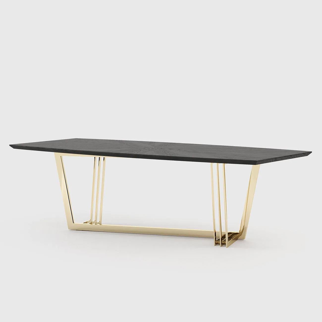 Dining Table Kardina with polished stainless steel base
in gold finish and with solid ash top stained in black finish.
Also available with other steel finishes and other wood finishes
on request.