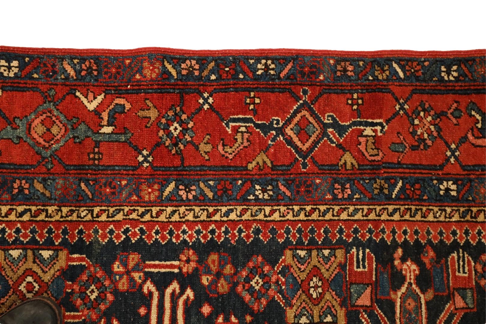 Persian Kareje Antique Rug, Blue Red Ivory - 5 x 6 For Sale