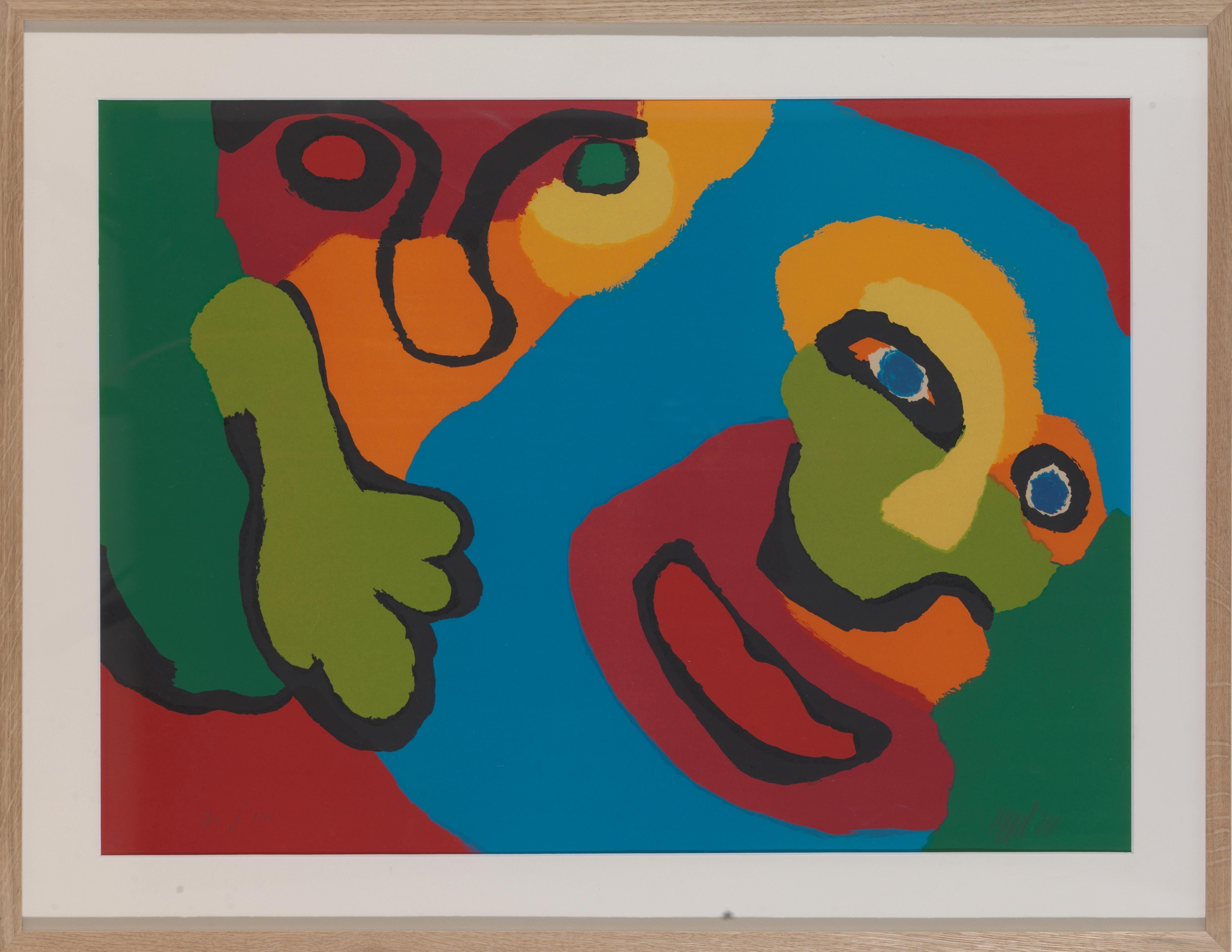Sérigraphie vivante de 1974 de l'artiste Karel Appel (1921-2006) : composition et couleurs expressives et audacieuses. Signé au crayon : 