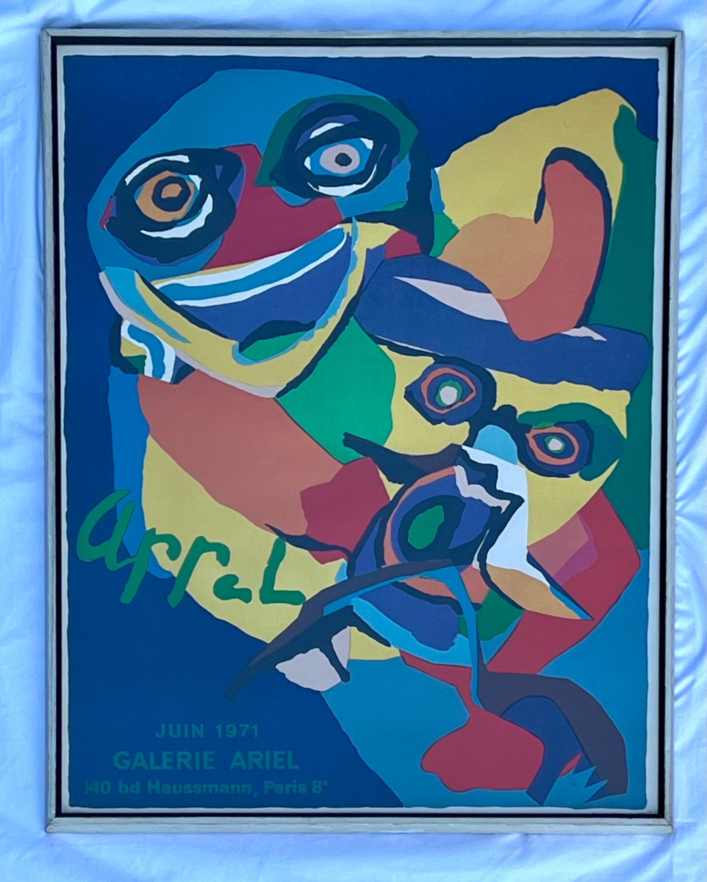 A striking vintage circa 1971 exhibition poster from the Karel Appel show at Galerie Haussmann on Boulevard Haussmann in Paris. This poster was printed by SMI in Paris. An exciting and saturated image with strong colors and bold use of space by a