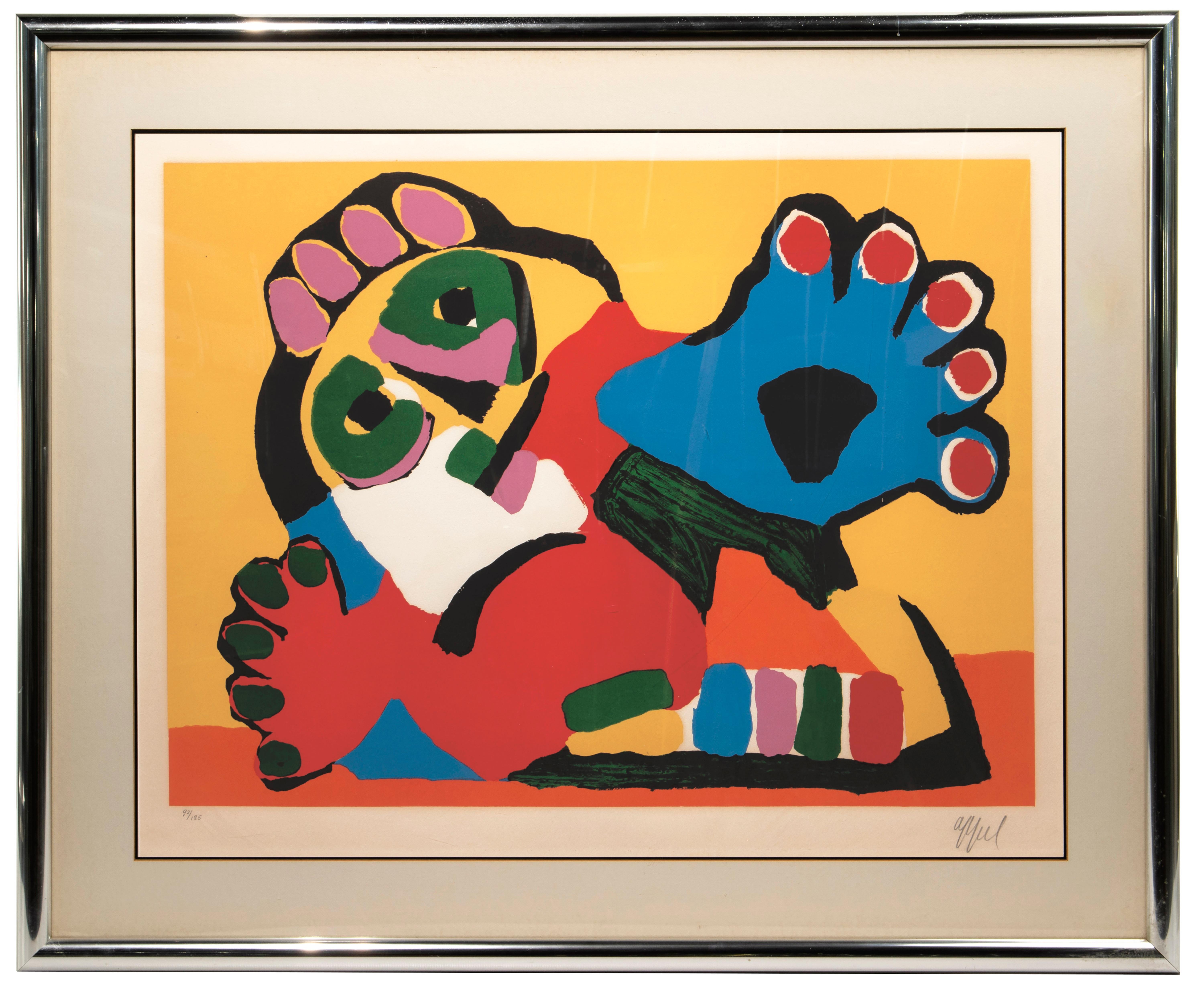 Artist: Karel Appel 
Pencil signed lower right corner
Edition: Pencil #92/125 lower left
Description: Depicting and abstracted creature in bold, overlapping hues.   
Great vivid colors  and well presented in his framing work (frontal plexiglass in a