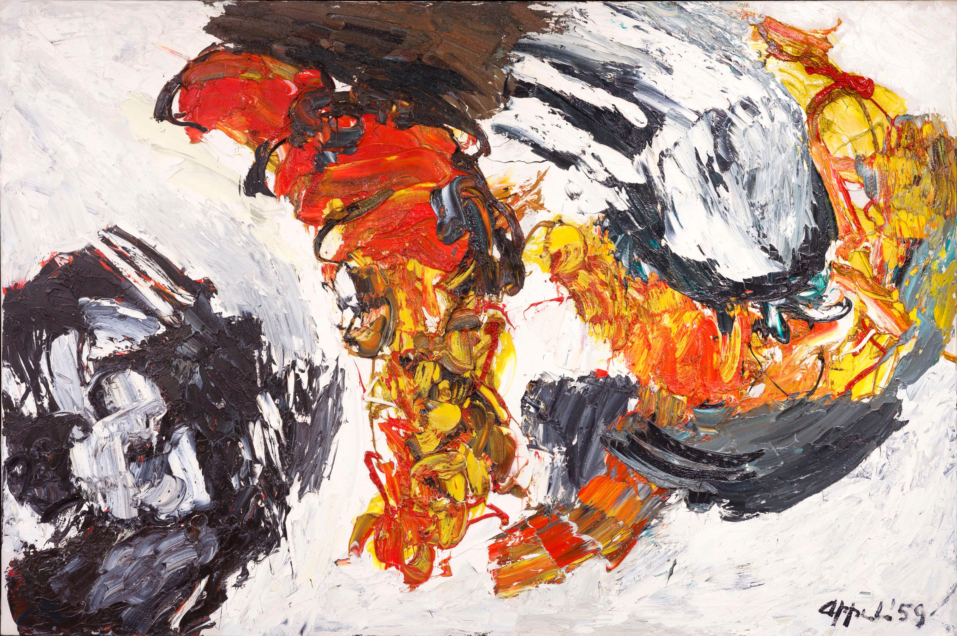 Karel Appel
Comme les Planètes
1959 
öl auf Leinwand
129.5 x 194,4 cm
Signiert unten rechts.

Beschreibung:
Ein großes expressionistisches Kunstwerk von Karel Appel, einem der Begründer der CoBrA-Kunstbewegung. Die Ästhetik von CoBrA (Kopenhagen,