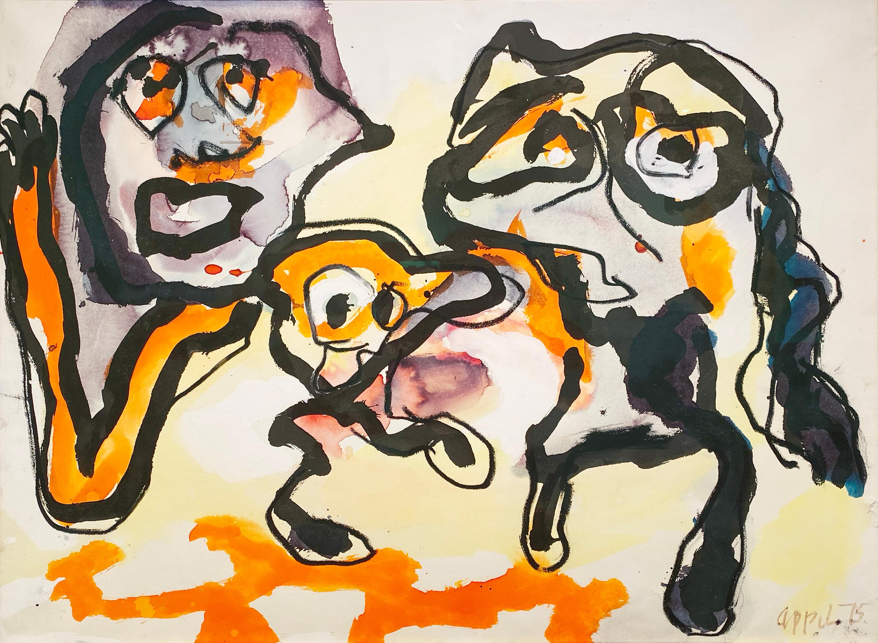 Figures, Abstracted Faces - Abstract Expressionist Painting by Karel Appel