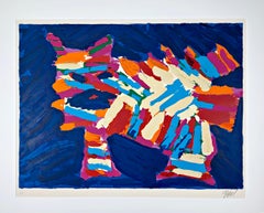 20th Century abstract Karel Appel color Lithograph Blue Cat