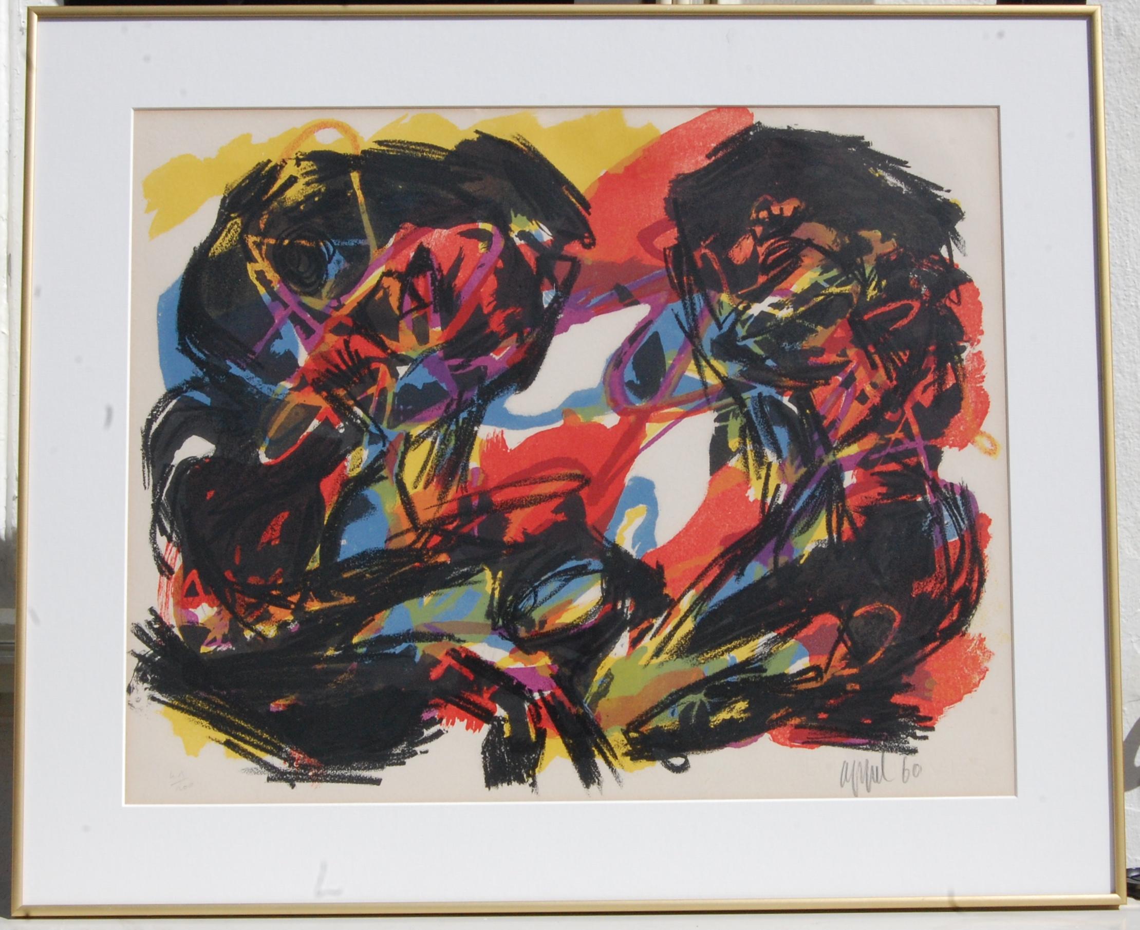 Karel Appel Limited edition lithograph 41/200, pencil signed and dated 1960.
Size image size 17x22 framed 22x27x1
Karel Appel, (born April 25, 1921, Amsterdam, Netherlands—died May 3, 2006, Zürich, Switzerland), Dutch painter of turbulent, colorful,