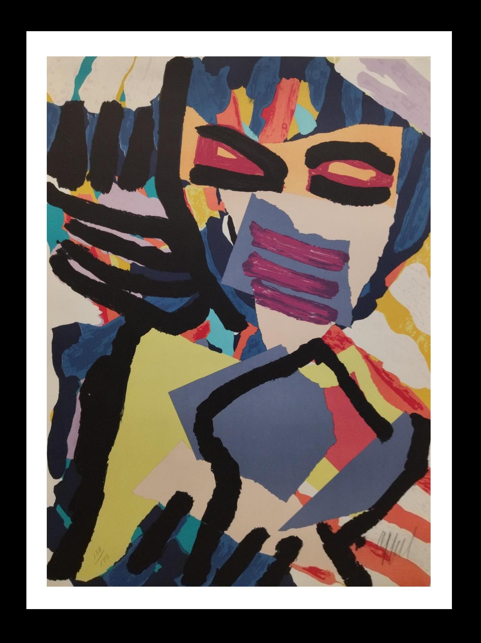 Abstract Print Karel Appel - Appel. Lithographie « Masque, Visage, Personnage », abstraite, signée, 1980, encadrée.