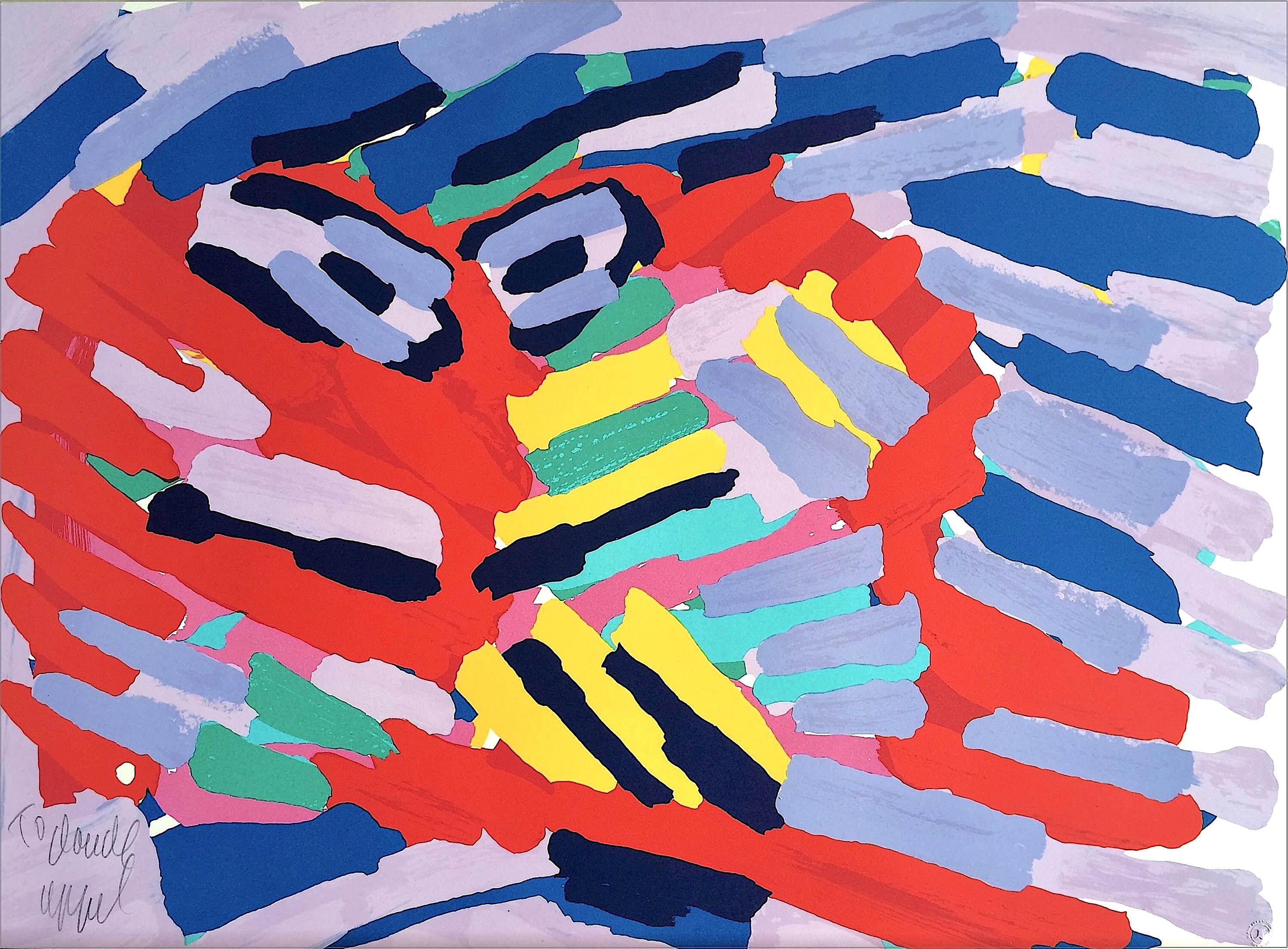 BIG HEAD RED LAVENDER Signierte Lithographie, Abstraktes Tier, CoBrA Künstler