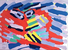 BIG HEAD RED LAVENDER Signierte Lithographie, Abstraktes Tier, CoBrA Künstler