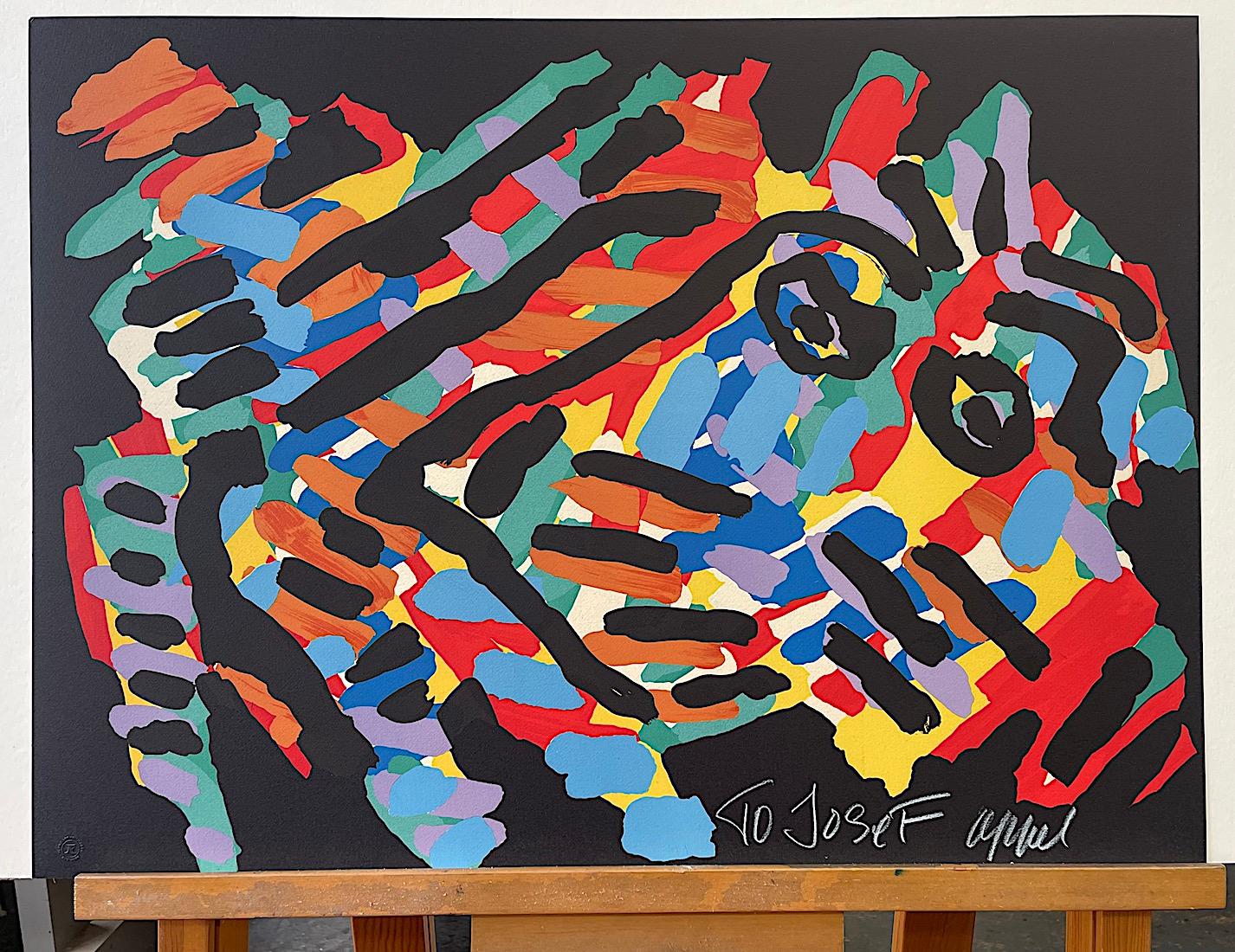 BLACK EYED ANIMAL is an original hand drawn limited edition lithograph by the Dutch artist Karel Appel printed using hand lithography techniques on Arches paper, 100% acid free.
BLACK EYED ANIMAL presents an eye-catching imaginative abstract
