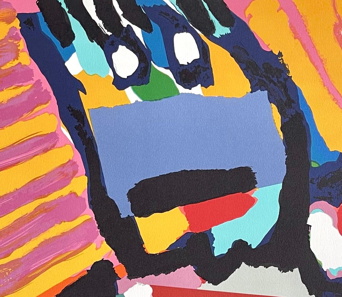 BLUE BOY Signed Lithograph, Abstract Figure, Blue Pants, Pink Yellow Stripes - Print di Karel Appel
