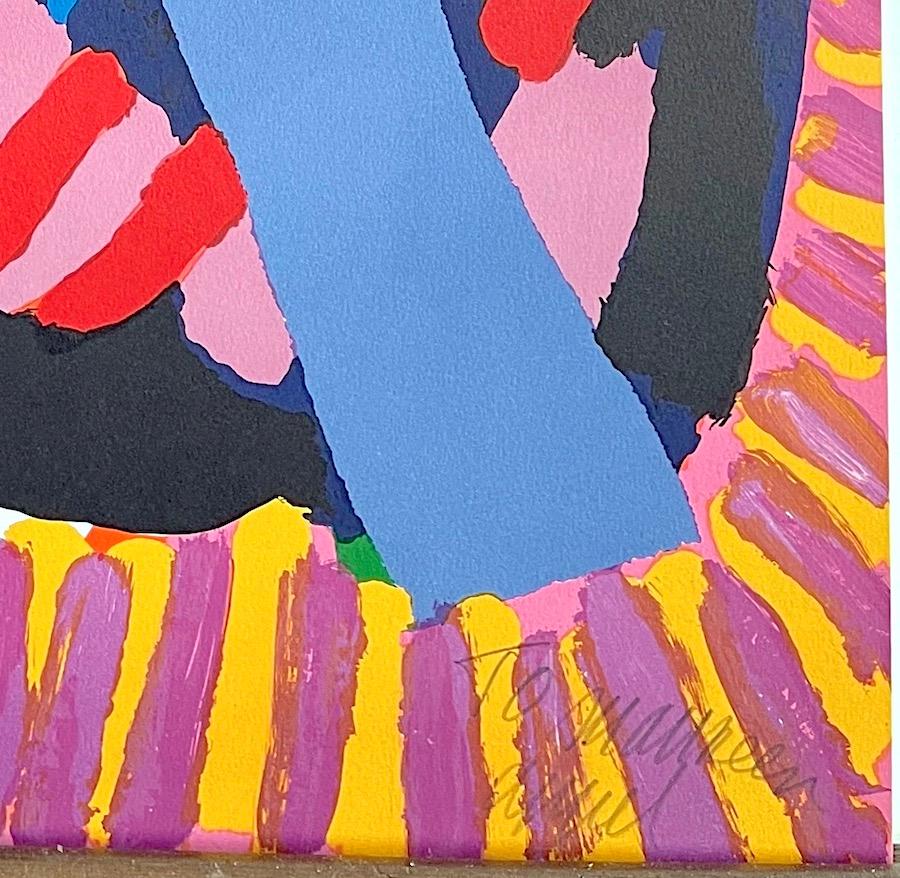 BLUE BOY signierte Lithographie, abstrakte Figur, blaue Hose, rosa-gelbe Streifen (Abstrakt), Print, von Karel Appel