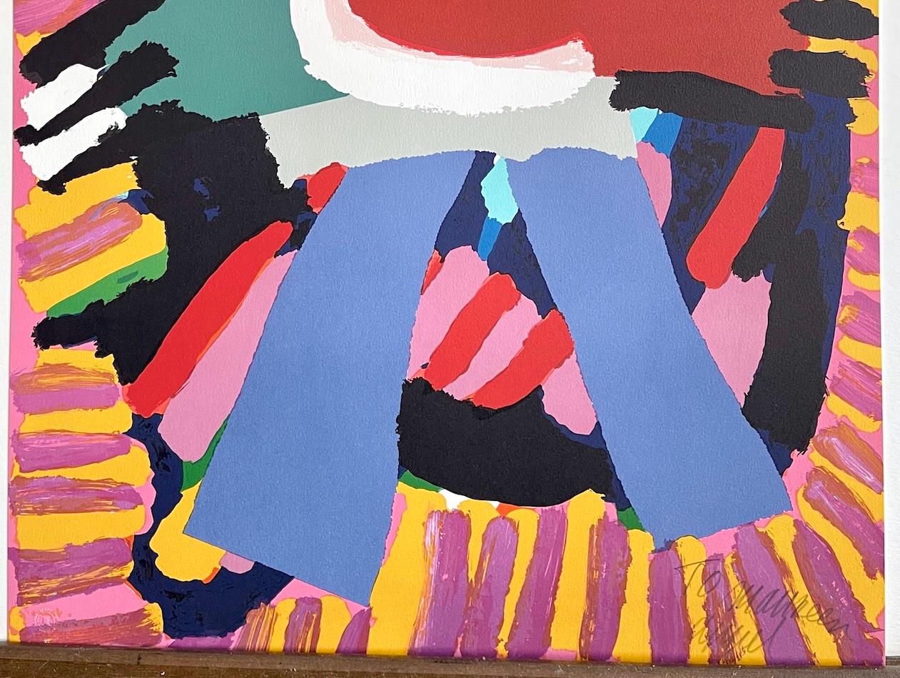 BLUE BOY Signed Lithograph, Abstract Figure, Blue Pants, Pink Yellow Stripes - Print Astratto di Karel Appel