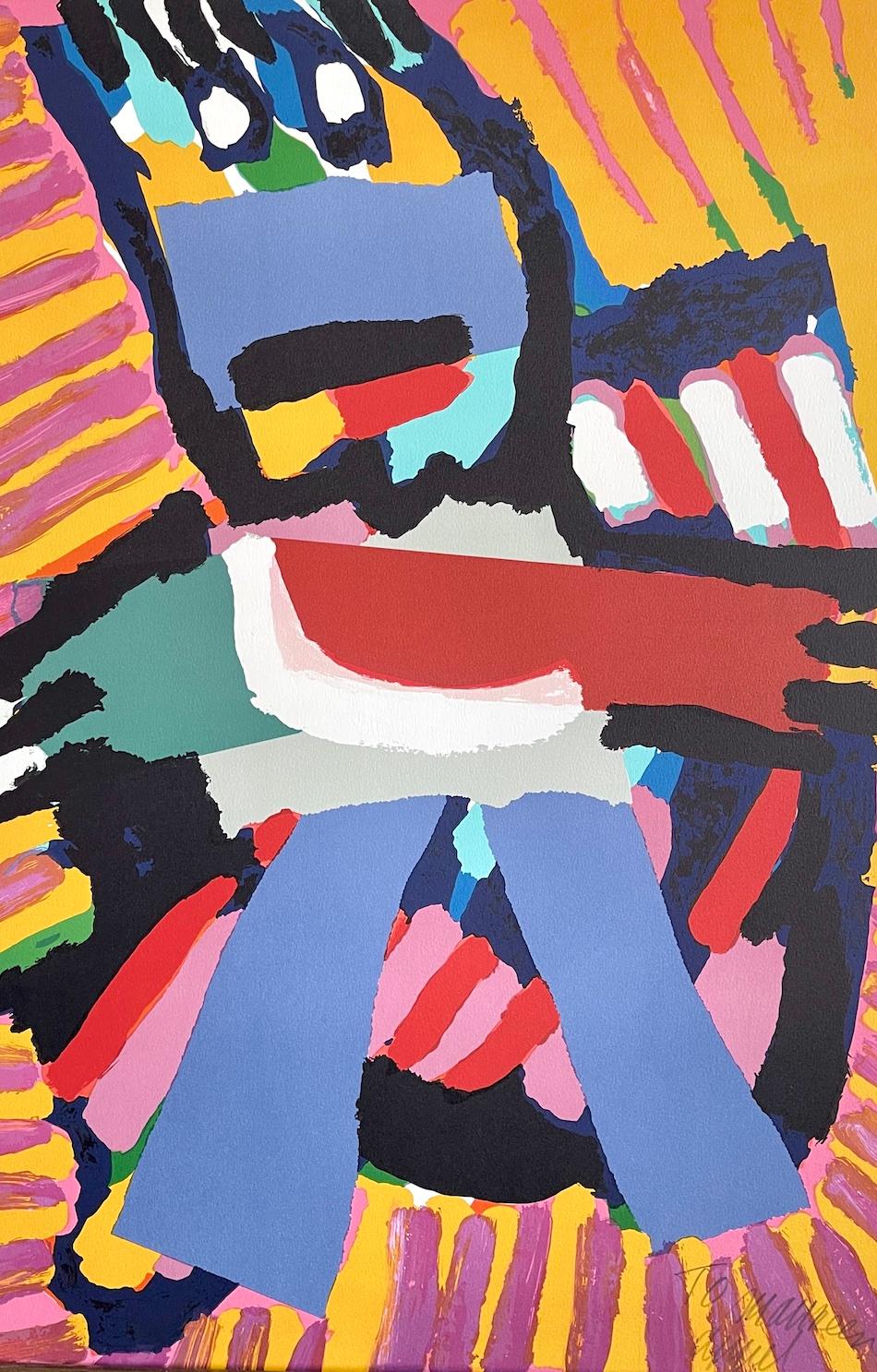 BLUE BOY Signed Lithograph, Abstract Figure, Blue Pants, Pink Yellow Stripes - Abstract Print Beige di Karel Appel