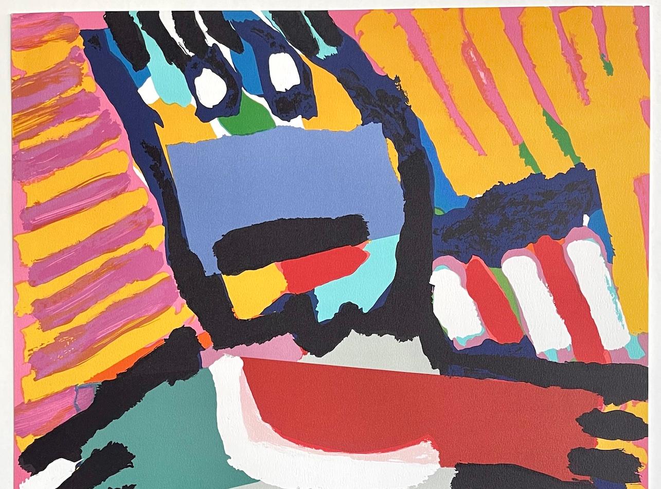 BLUE BOY Signed Lithograph, Abstract Figure, Blue Pants, Pink Yellow Stripes in vendita 3