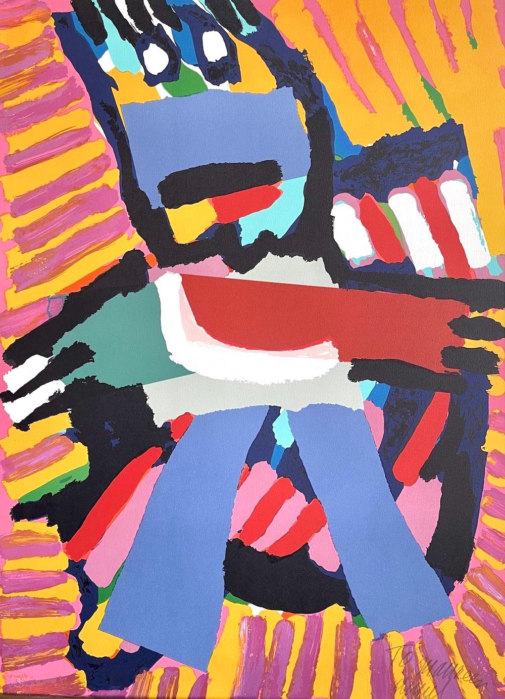 Abstract Print di Karel Appel - BLUE BOY Signed Lithograph, Abstract Figure, Blue Pants, Pink Yellow Stripes