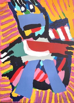 BLUE BOY Signed Lithograph, Abstract Figure, Blue Pants, Pink Yellow Stripes