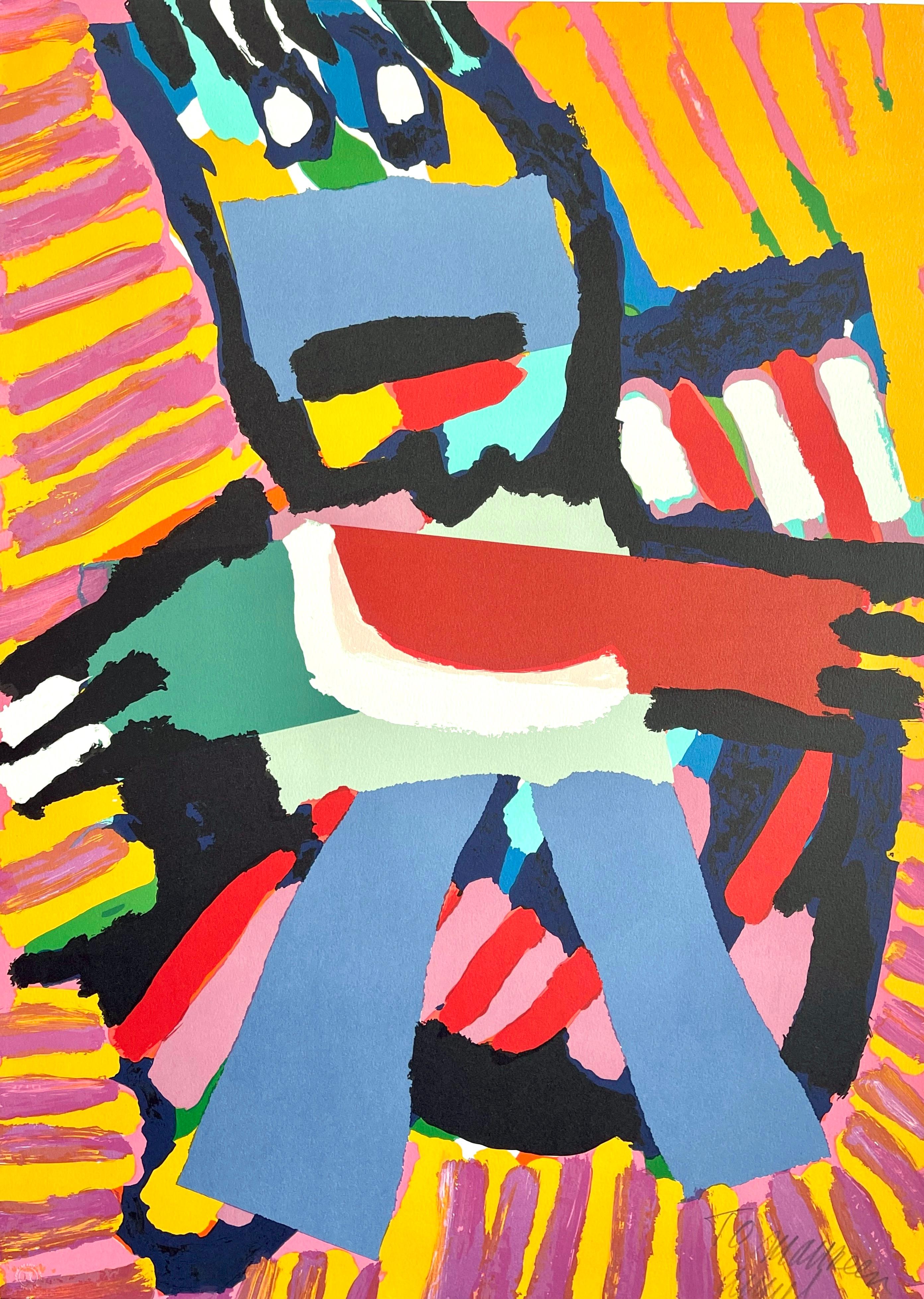 Karel Appel Abstract Print - BLUE BOY Signed Lithograph, Abstract Figure, Blue Pants, Pink Yellow Stripes