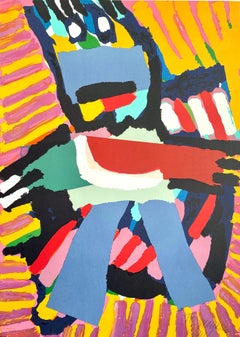 BLUE BOY Signed Lithograph, Abstract Figure, Blue Pants, Pink Yellow Stripes