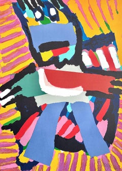 BLUE BOY Signed Lithograph, Abstract Figure, Blue Pants, Pink Yellow Stripes
