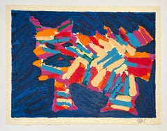 Karel Appel Abstract Cat Color Lithograph Print, Signed, 1978, Blue Cat