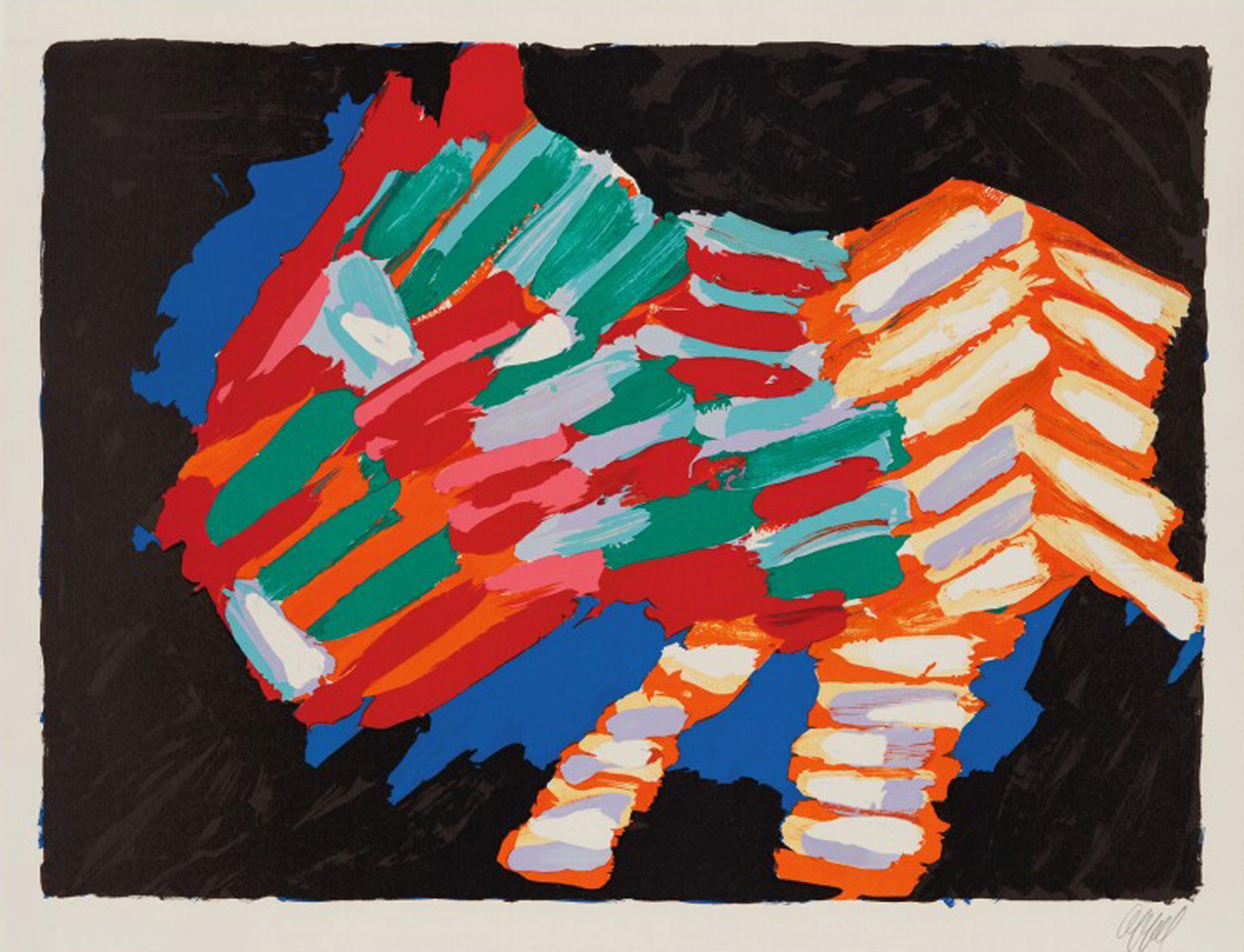 Esta litografía firmada y numerada sobre papel Japón pertenece a una carpeta de 17 grabados del artista moderno Karel Appel. He admiraba al gato doméstico por su comportamiento distante pero instintivo, y se convirtió en uno de sus temas favoritos.