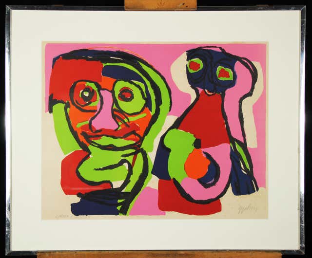 Leonard Nelson - Three Figures, Abstract Figurative Art, Woodblock Print in Yellow, Signed, 1947