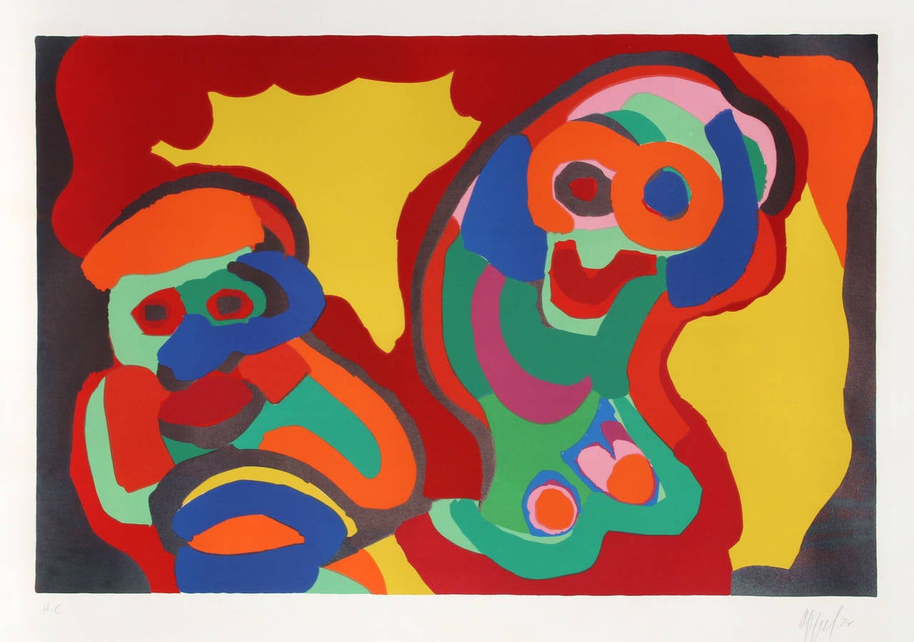 Deux Personnage - Menschen im Sonnenschein, Moderne Lithographie von Karel Appel im Angebot 1
