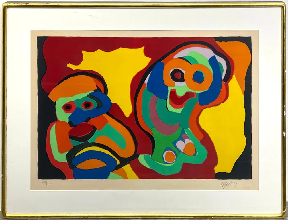 Ein lithografischer Druck von Karel Appel aus dem Jahr 1974. Ein expressionistisches Porträt zweier Figuren in leuchtenden, kontrastreichen Farben. 

Künstler: Karel Appel, Niederländer (1921 - 2006)
Titel: Deux Personnage
Jahr: 1974
Medium: